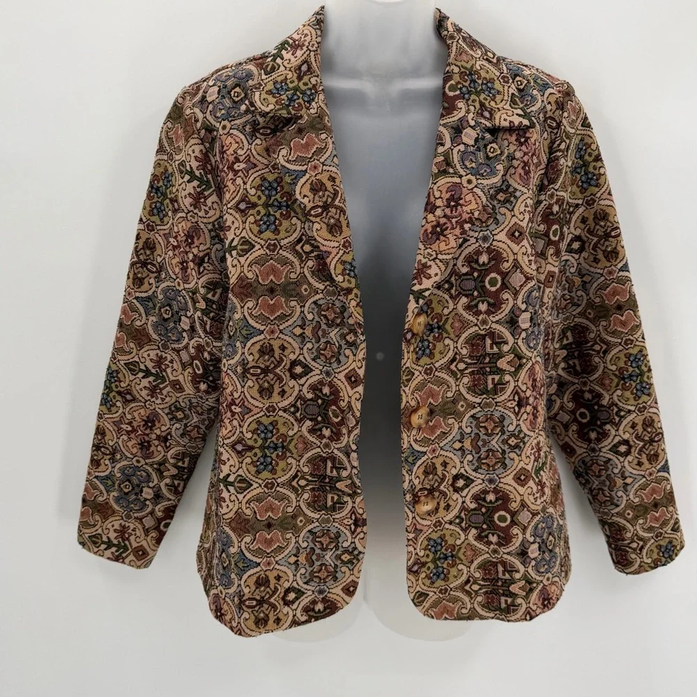 VTG Gemilli Blazer Jacket Womens Petite Large Tan Tapestry Made in USA Classic